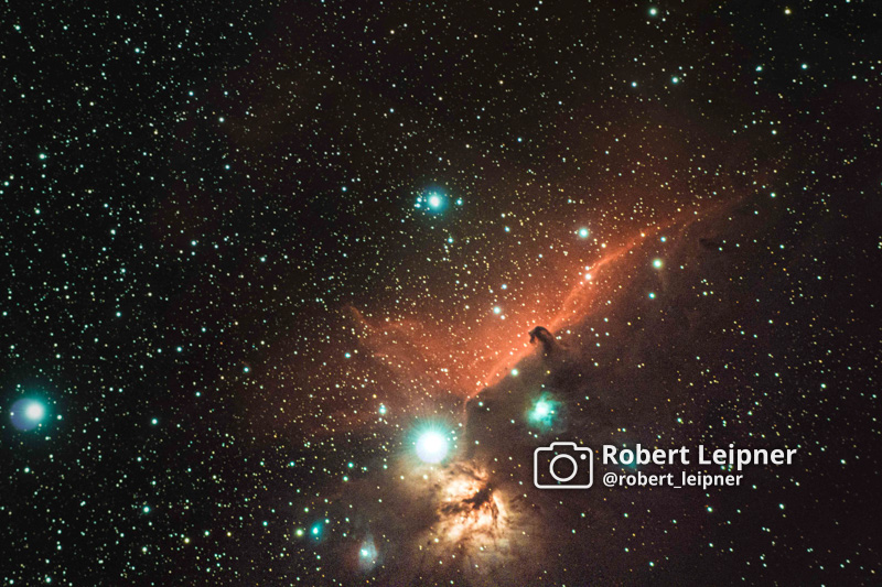 Klare Strukturen des Pferdekopfnebels (IC4592) und des Flammennebels (NGC2024) im Sternbild Orion