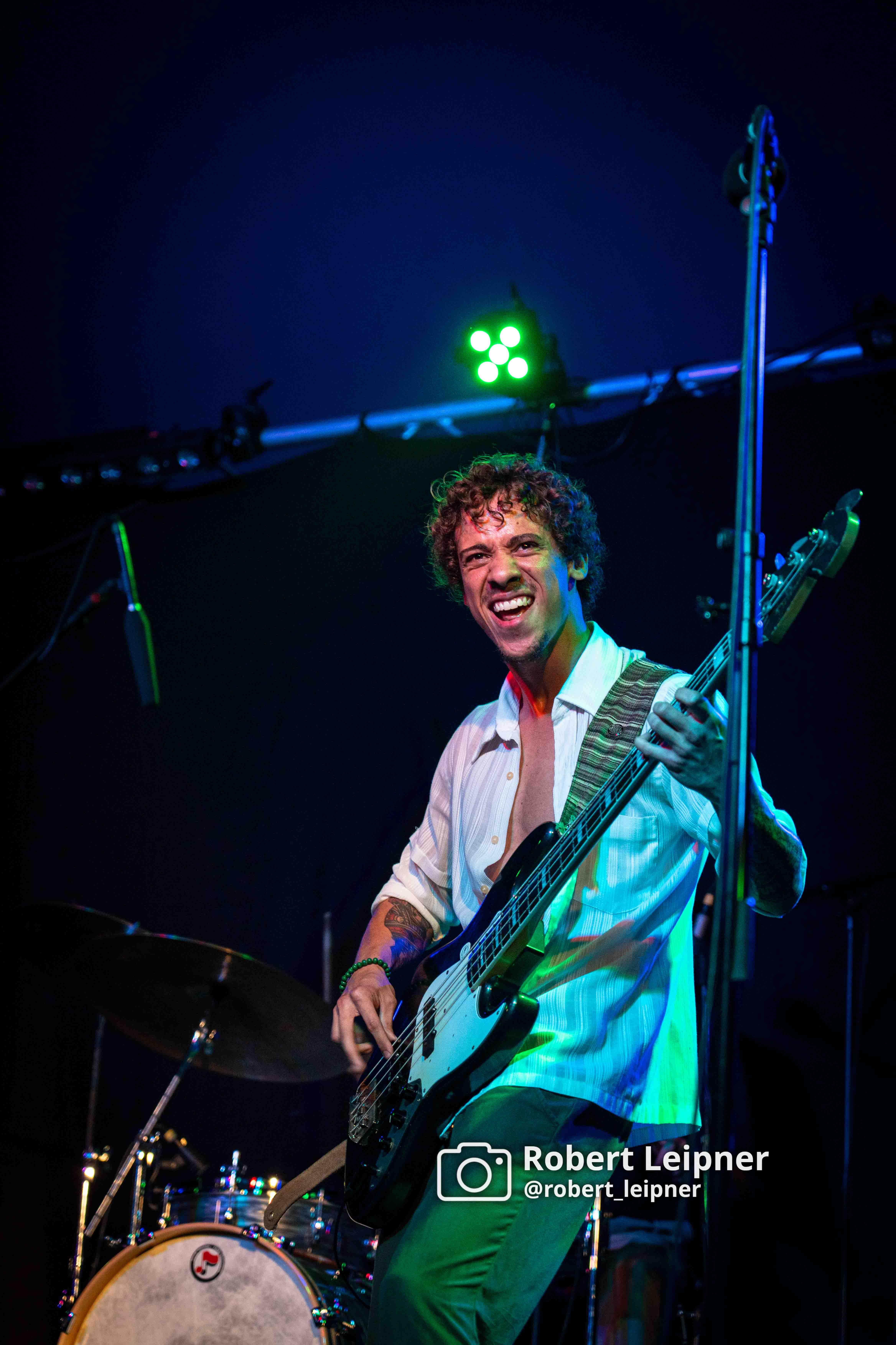 Bassist mit guter Laune auf einem Festival